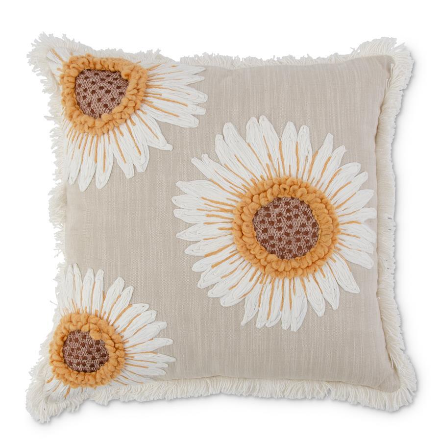 TAN LINEN PILLOW W/EMBROIDERED SUNFLOWERS