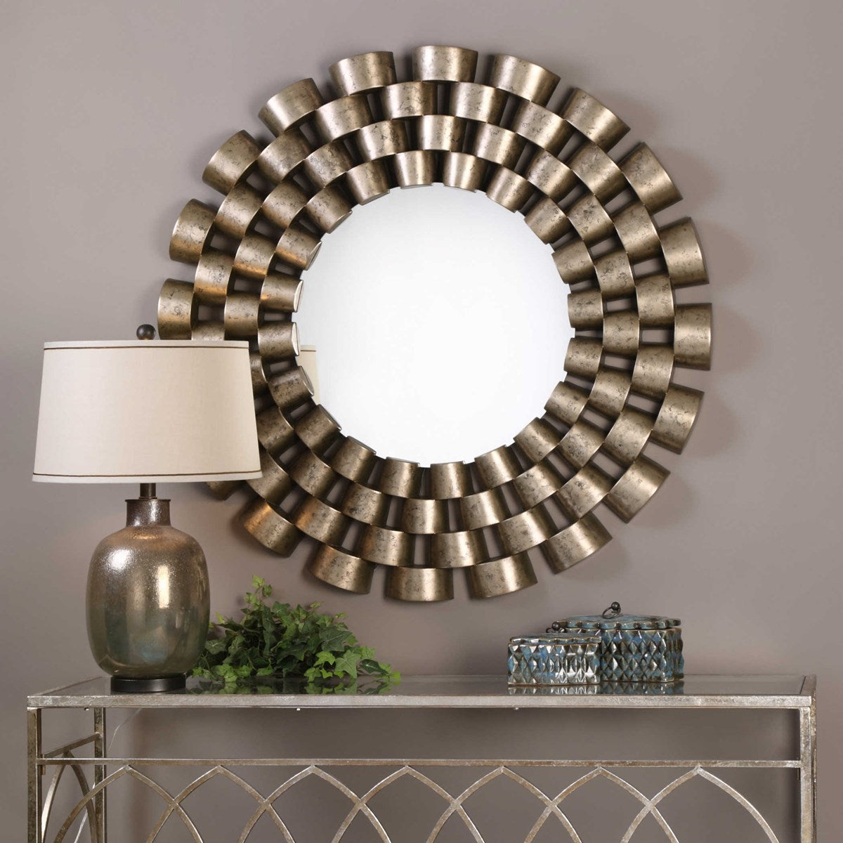 DISTRESSED SILVER ROUND MIRROR