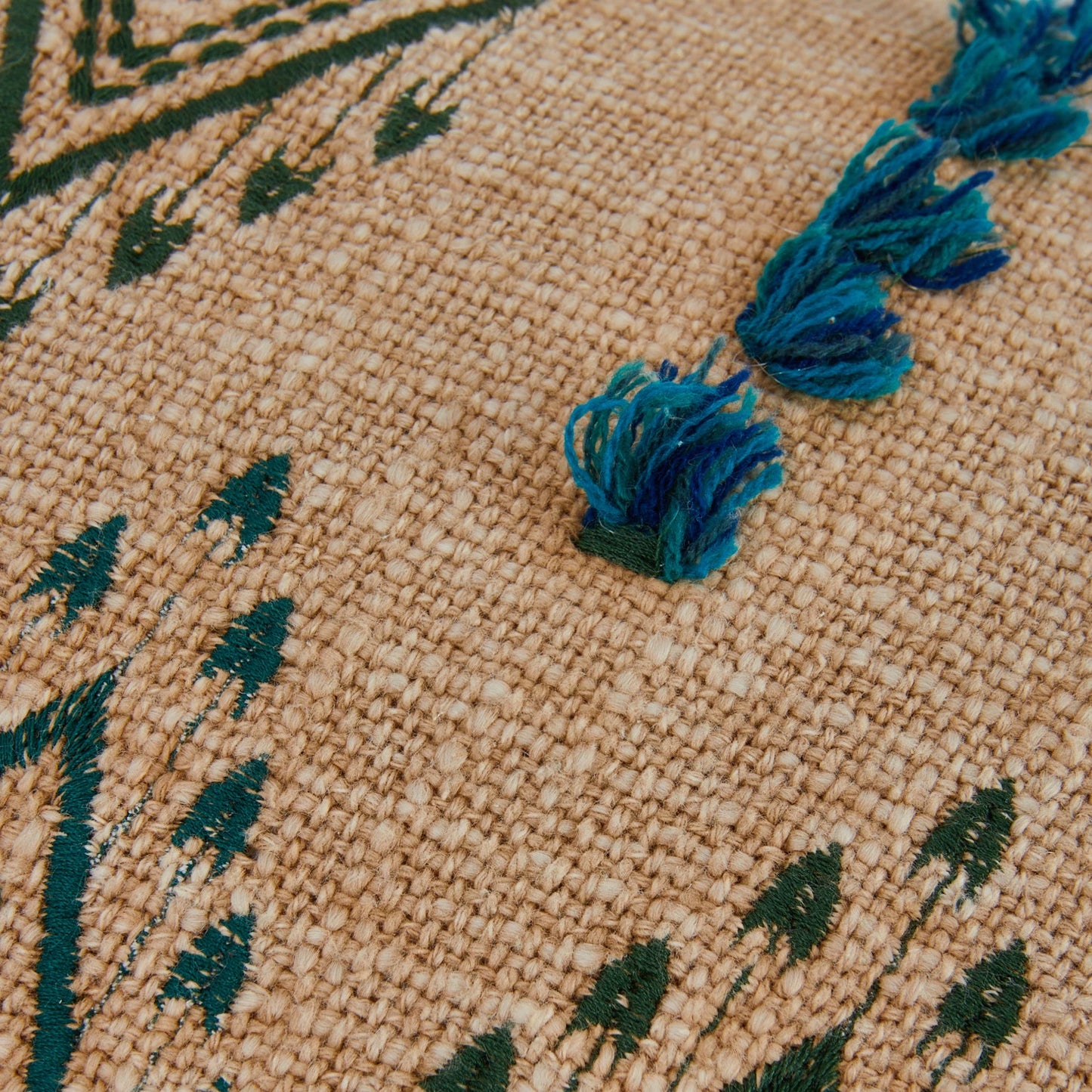 TEAL EMBROIDERED FRINGE LUMBAR PILLOW