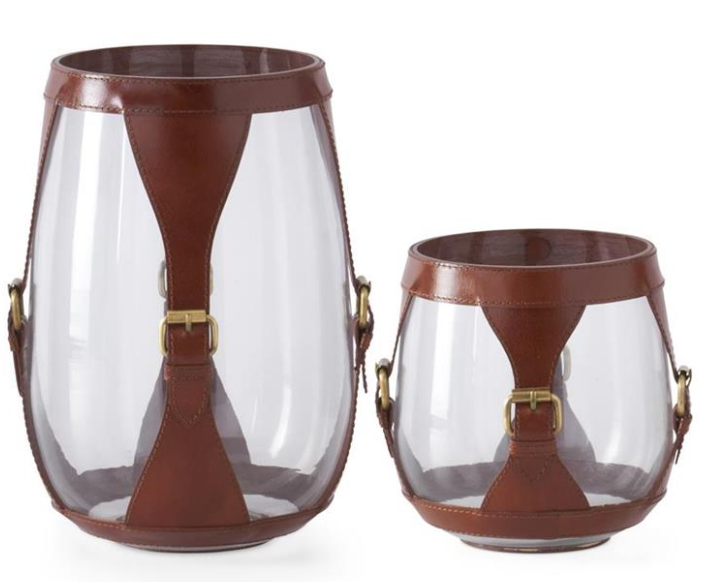 CLEAR GLASS HURRICANES W/LEATHER SLEEVE & BRASS BUCKLES