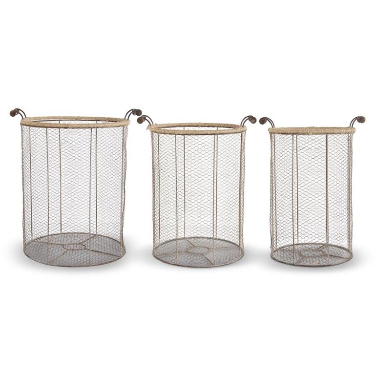 DOUBLE HANDLE RUSTIC WIRE BASKETS W/JUTE RIM