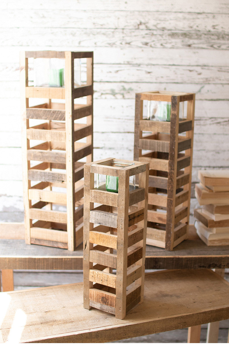 NATURAL TALL SQUARE RECYCLED WOOD CANDLE LANTERN WITH GLASS INSERT