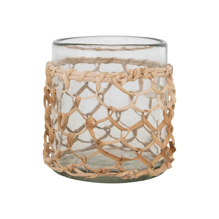GLASS RATTAN WRAPPED VOTIVE HOLDER