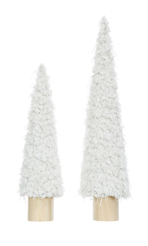 CREAM FABRIC CONE TREE ON WOOD BASE