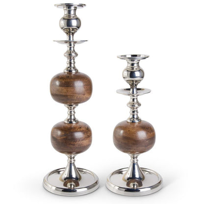 WOOD POLISHED SILVER CANDLEHOLDERS