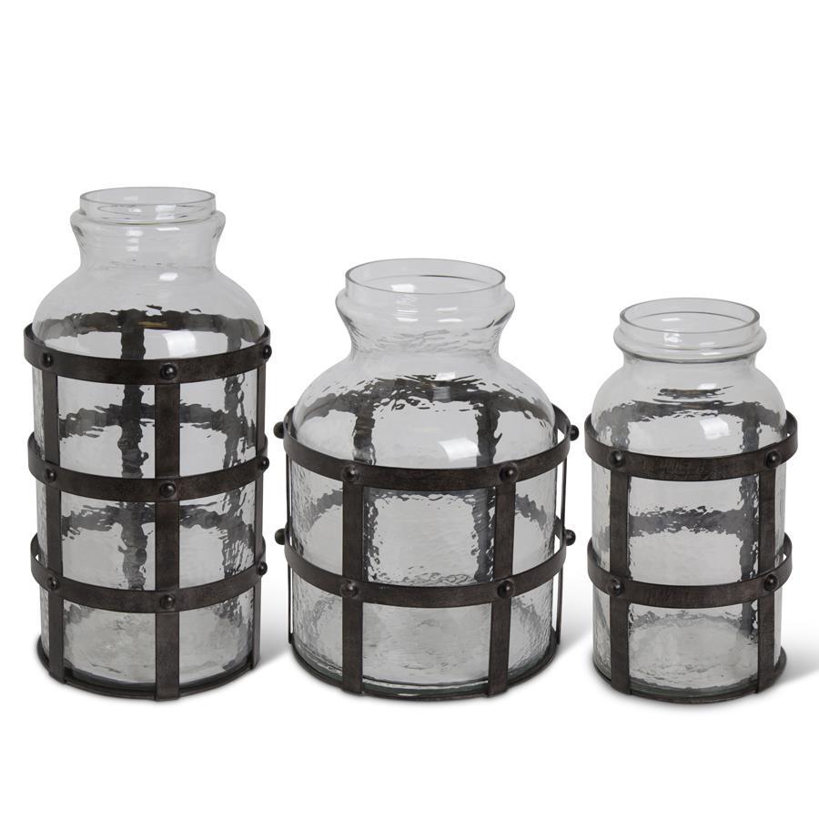 TEXTURED GLASS JARS IN METAL CAGE