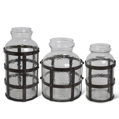 TEXTURED GLASS JARS IN METAL CAGE