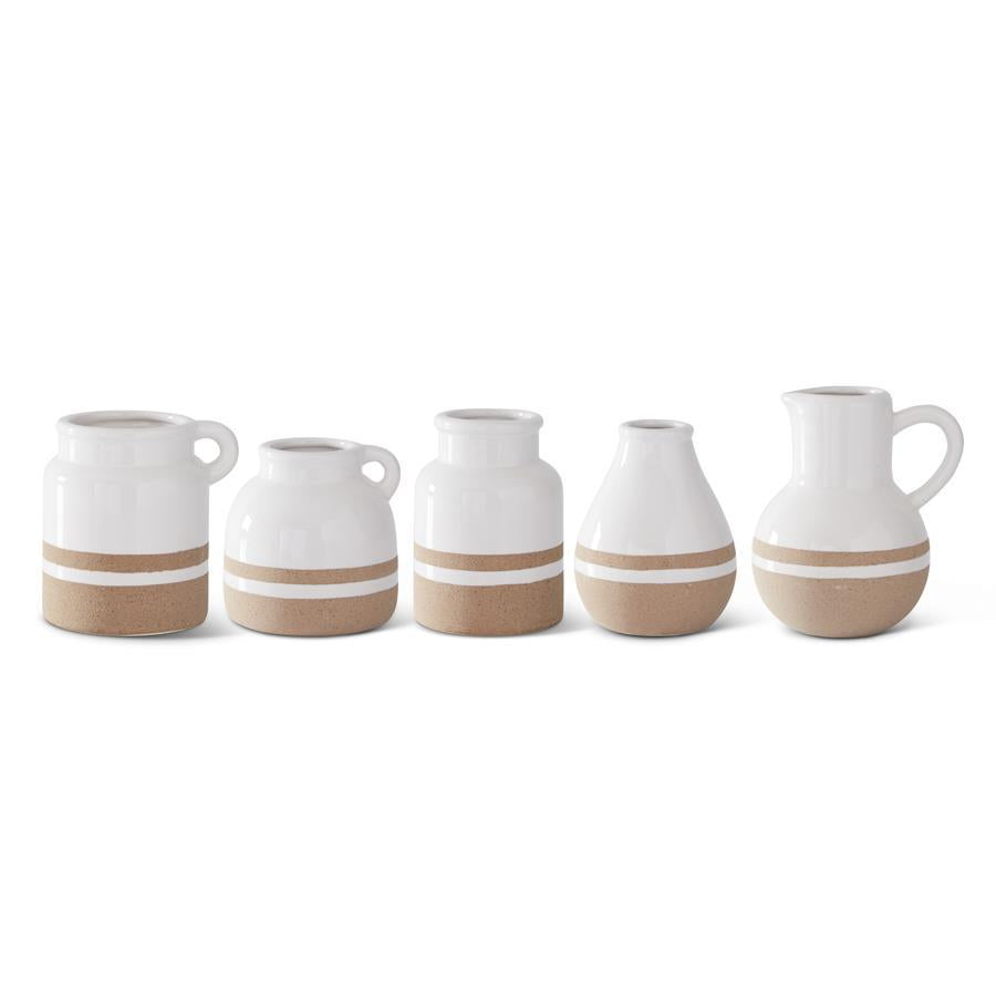 WHITE CERAMIC JUGS WITH TAN STRIPE