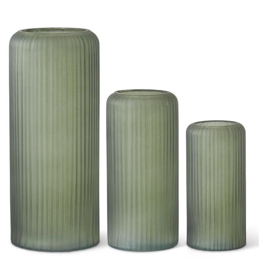 FROSTED GREEN RIBBED VASES