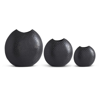 TEXTURED BLACK METAL DISC VASES