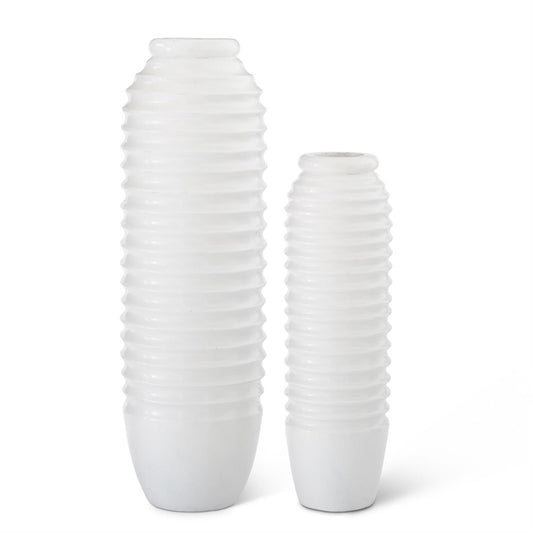 WHITE RIBBED CARVED WOOD VASES