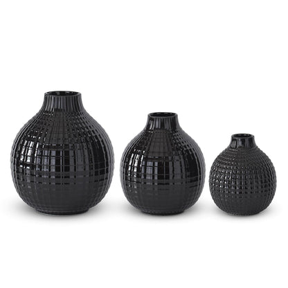 GLOSSY BLACK CERAMIC GRID VASES