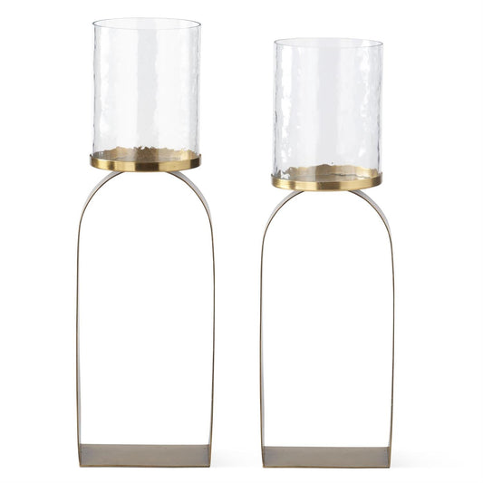 ANTIQUED GOLD & GLASS HURRICANE CANDLEHOLDERS