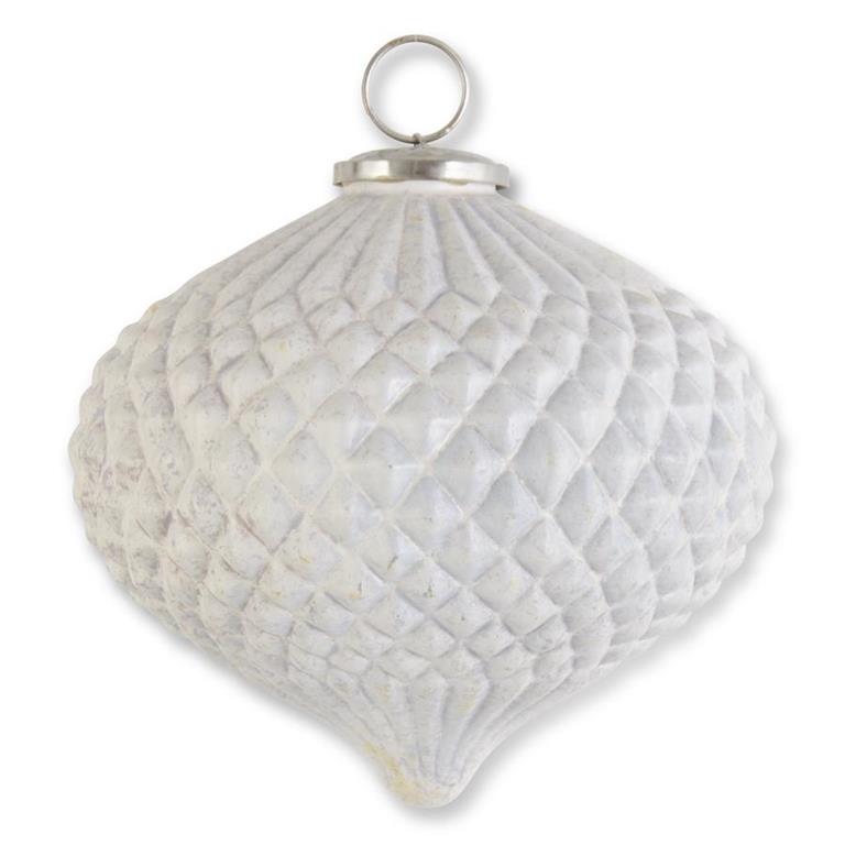 WHITE GLASS EMBOSSED ORNAMENT