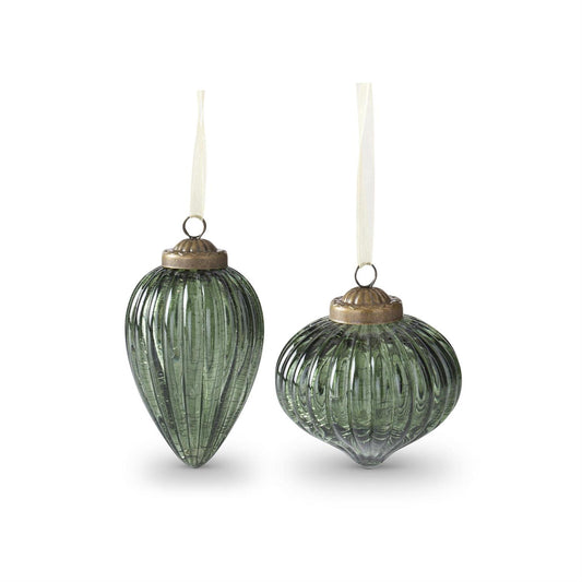 CRACKLED RIBBED GREEN ORNAMENTS