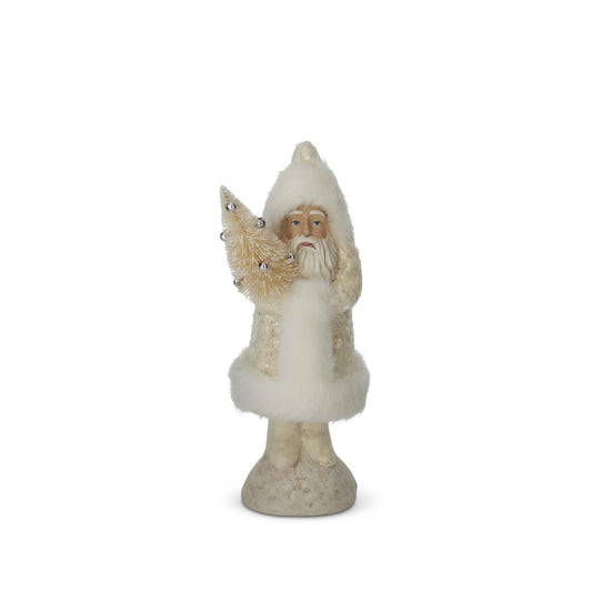 SNOWY FUR TRIM SANTA HOLDING TREE