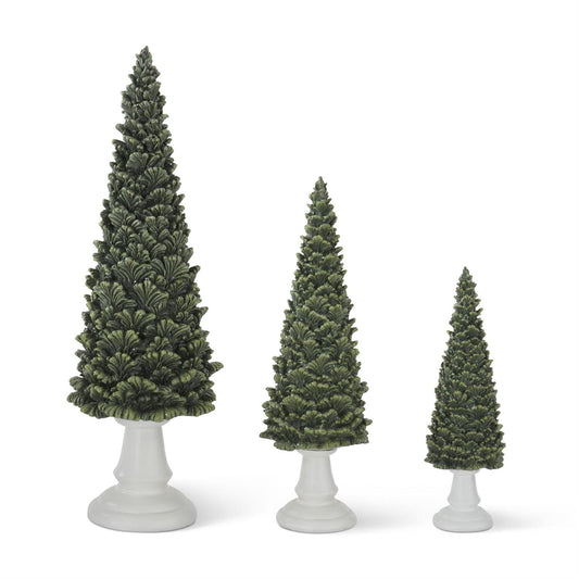 GLITTERED GREEN TREES ON WHITE PEDESTAL