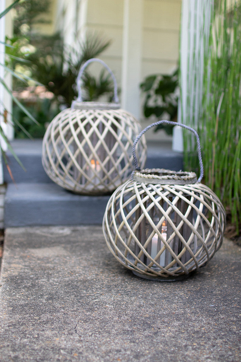 LARGE ROUND GREY WILLOW LANTERN WITH GLASS
