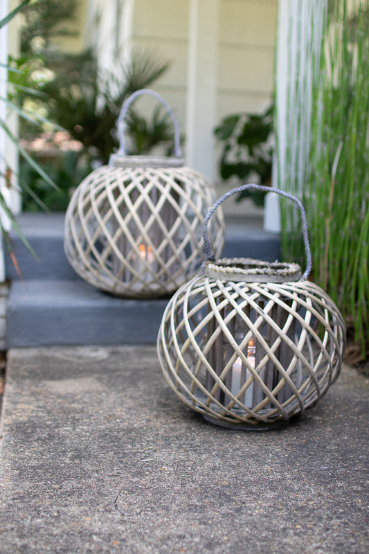 LARGE ROUND GREY WILLOW LANTERN WITH GLASS