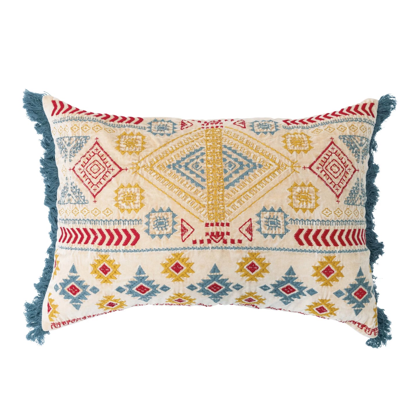 VELVET EMBROIDERED FRINGE LUMBAR PILLOW