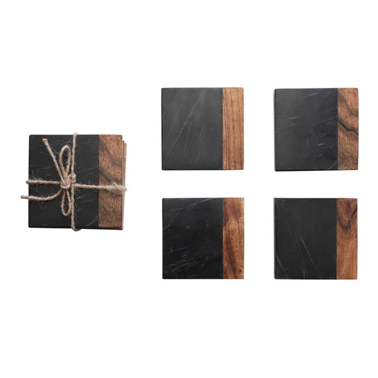 MARBLE & ACACIA WOOD COASTER SET