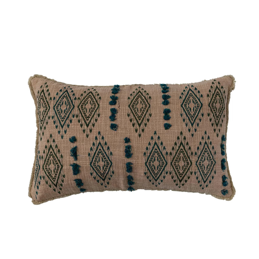 TEAL EMBROIDERED FRINGE LUMBAR PILLOW