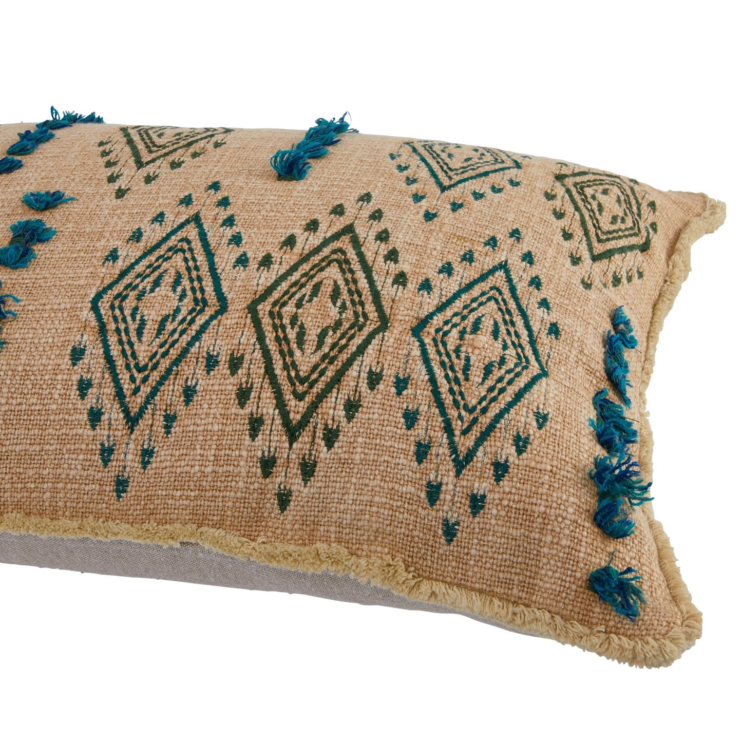 TEAL EMBROIDERED FRINGE LUMBAR PILLOW