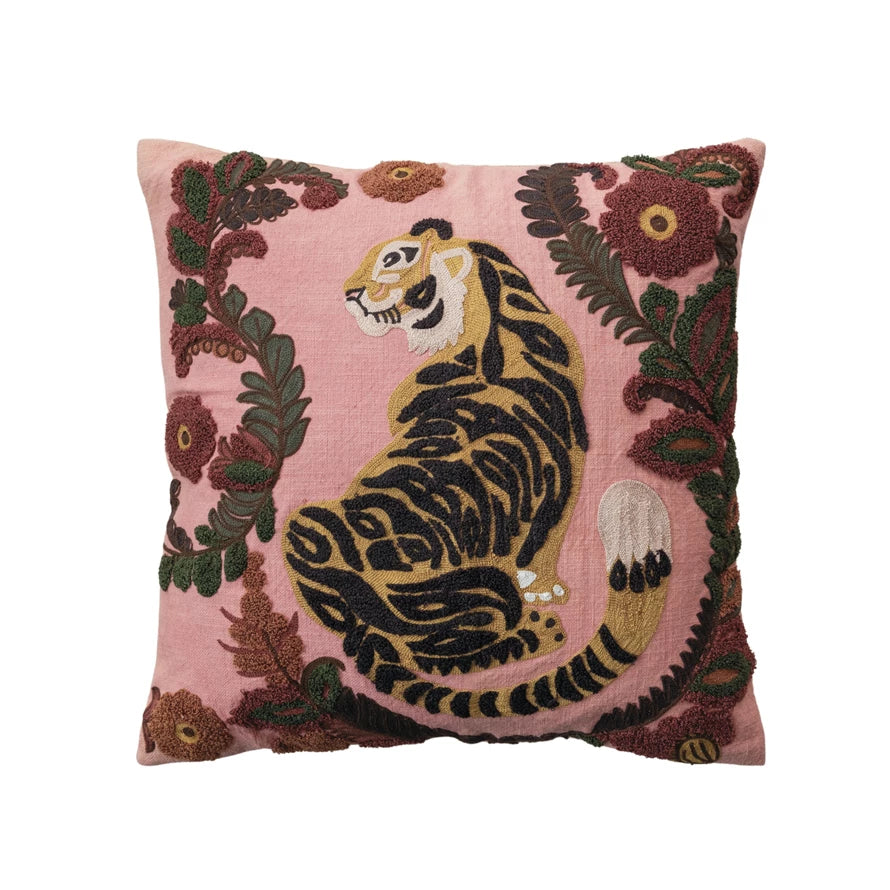 TIGER & FLOWERS EMBROIDERED PILLOW