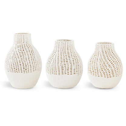 WHITE CERAMIC BASKET WEAVE VASES