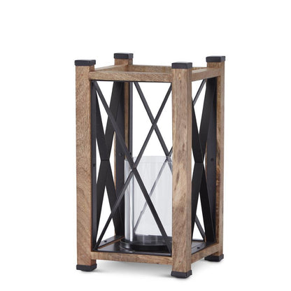 WOOD & BLACK METAL LANTERN W/GLASS CYLINDER