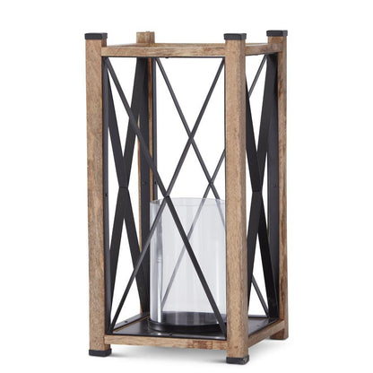 WOOD & BLACK METAL LANTERN W/GLASS CYLINDER