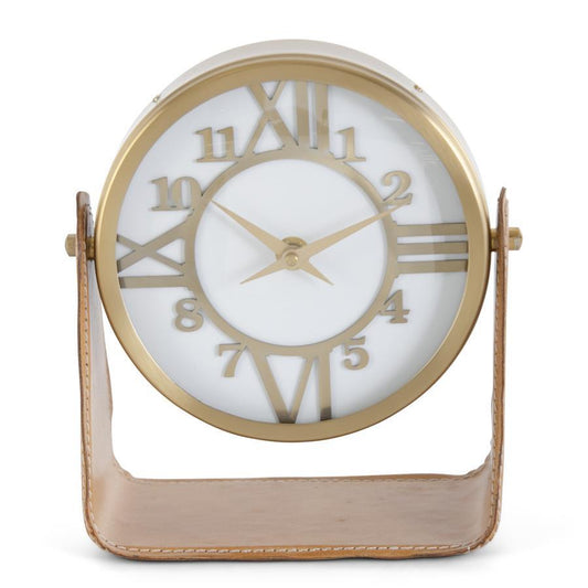 GOLD ROUND CLOCK ON VEGAN LEATHER STAND