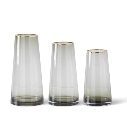 GOLD RIMMED SMOKE GRAY GLASS VASES