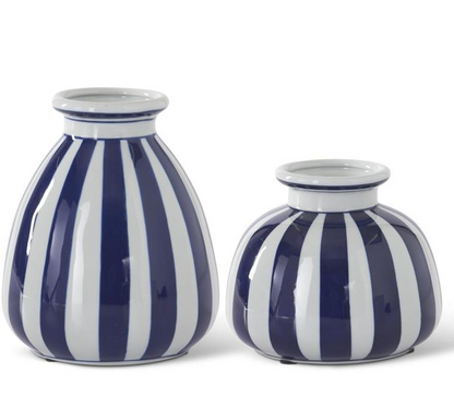 BLUE & WHITE VERTICAL STRIPED PORCELAIN VASES