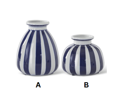 BLUE & WHITE VERTICAL STRIPED PORCELAIN VASES