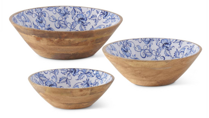 WOODEN BOWLS W/BLUE FLORAL ENAMELED INTERIOR