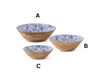 WOODEN BOWLS W/BLUE FLORAL ENAMELED INTERIOR