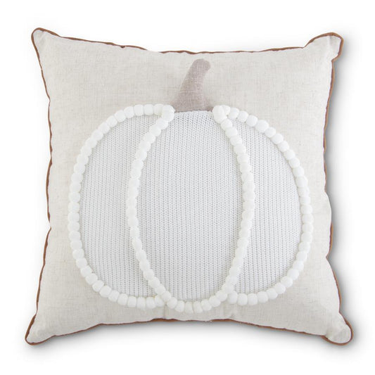 POM POM TRIMMED PILLOW W/WHITE KNIT PUMPKIN