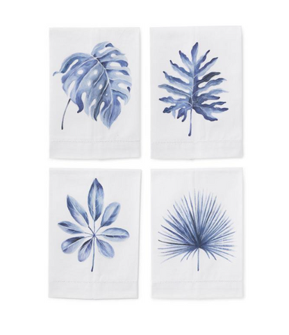 BLUE TROPICAL LEAVES HANDPAINTED COTTON GUEST TOWELS