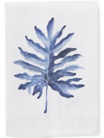 BLUE TROPICAL LEAVES HANDPAINTED COTTON GUEST TOWELS