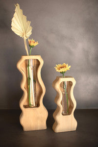 CARVED WOOD AND GLASS BUD VASE