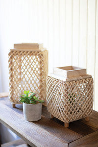 WOVEN ROPE AND WOOD LANTERNS WITH GLASS INSERT