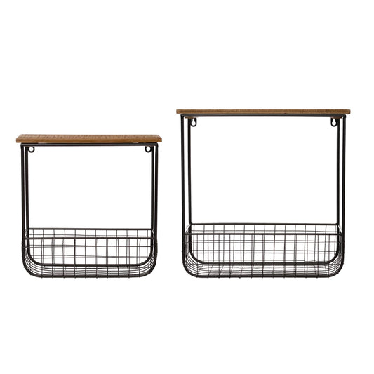 WOOD WALL SHELVES WITH METAL BASKETS