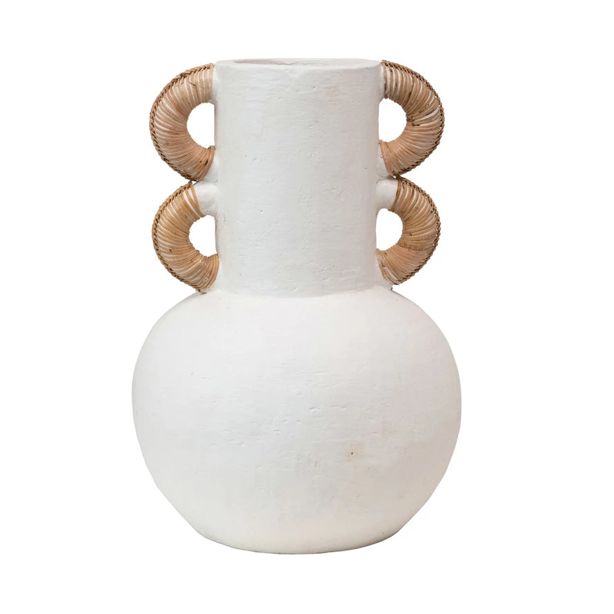 TERRACOTTA VASE WITH RATTAN WRAPPED HANDLES