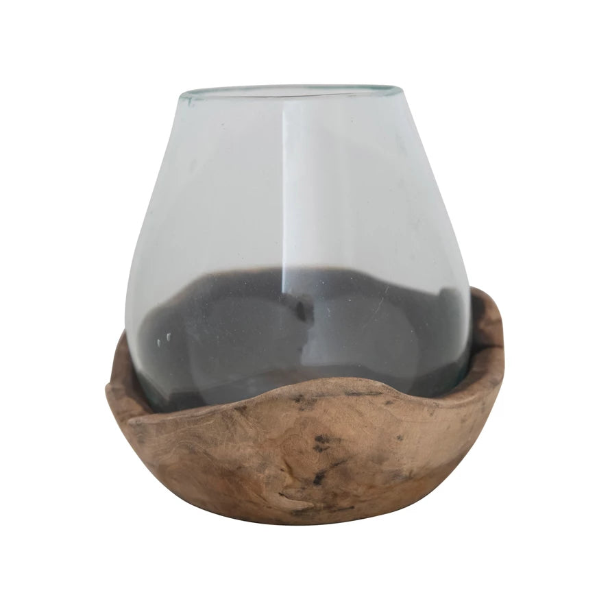 GLASS VASE WITH NATURAL WOOD BASE