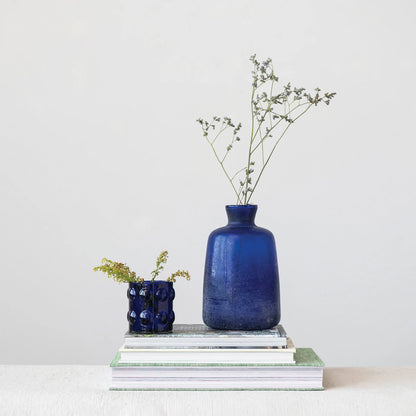 SAND BLASTED COBALT GLASS VASE