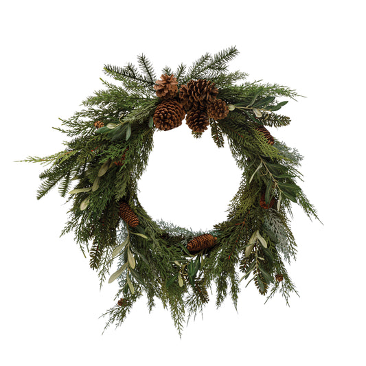 FAUX MIXED WREATH WITH PINECONES